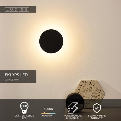 Lucide EKLYPS LED - Wandlamp - Ø 15 cm - LED - 1x7W 3000K - Zwart